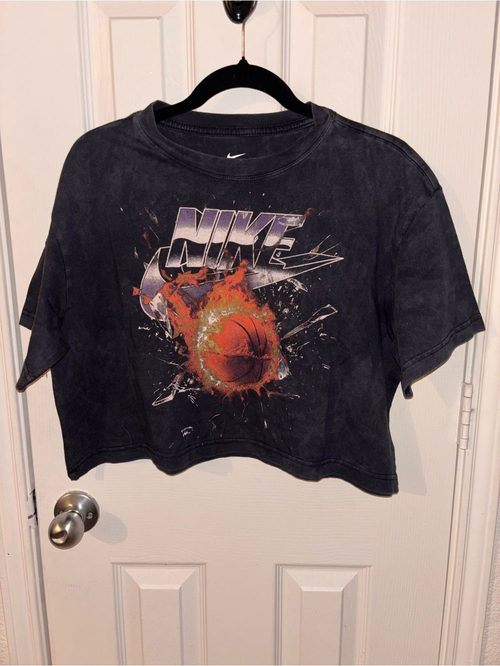 Nike Black Crop Tee with Flaming Basketball Graphic